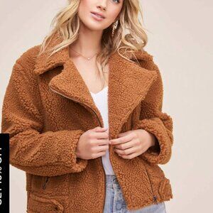 NWT Faux Shearling Moto Teddy Jacket Large Cognac Cropped Sherpa Lined Cozy